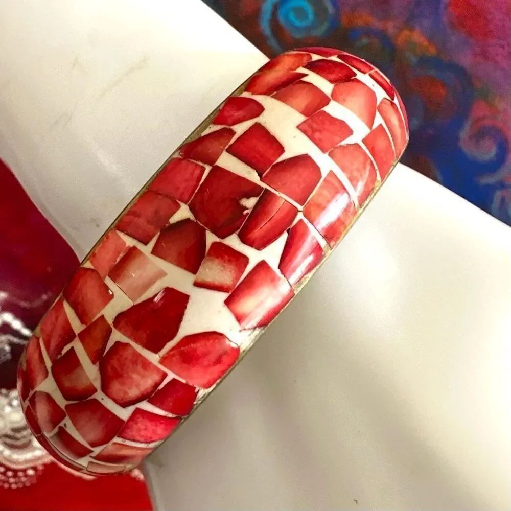 Vintage Brass & Red Shell Mosaic Bangle Bracelet